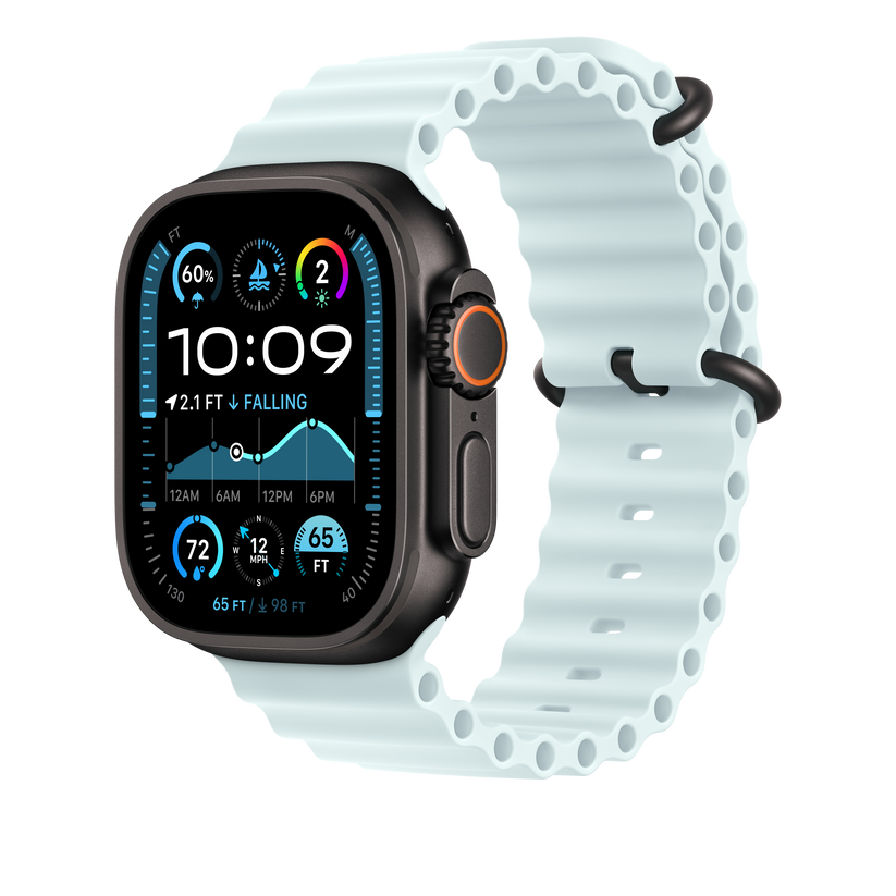 Apple Watch 44/45/46/49mm ledově modrý Oceánský řemínek – provedení z černého titanu - iSTYLE CZ