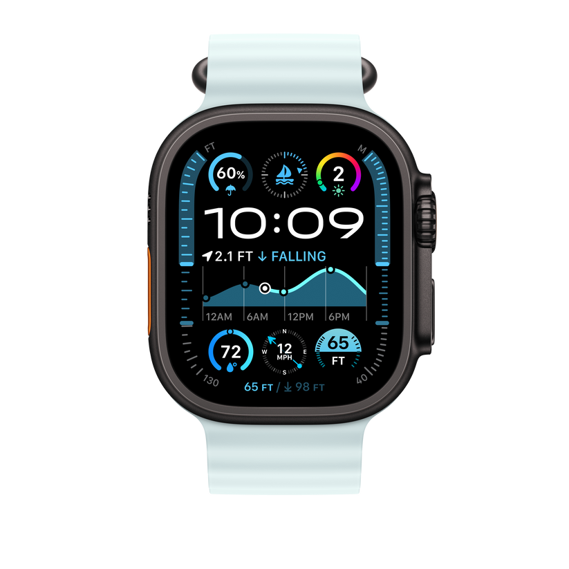 Apple Watch 44/45/46/49mm ledově modrý Oceánský řemínek – provedení z černého titanu - iSTYLE CZ
