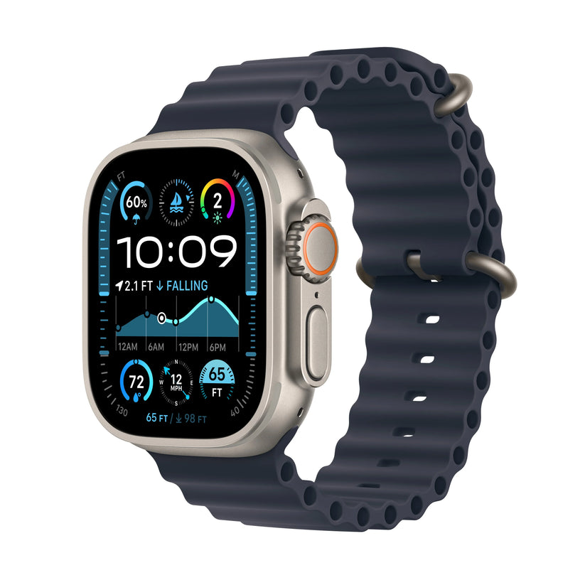 Apple Watch Ultra 2 GPS + Cellular, 49mm přírodně titanové pouzdro s námořnicky modrým oceánským řemínkem (otevřený) - iSTYLE CZ