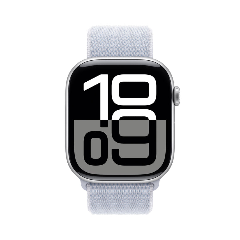Apple Watch Series 10 GPS 46mm stříbné hliníkové pouzdro s oblačně modrým provlékacím sportovním řemínkem (otevřený) - iSTYLE CZ