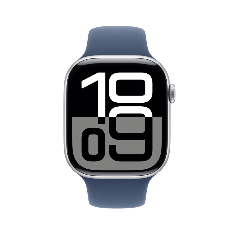 Apple Watch Series 10 GPS 46mm stříbné hliníkové pouzdro s denimovým sportovním řemínkem - M/L - iSTYLE CZ
