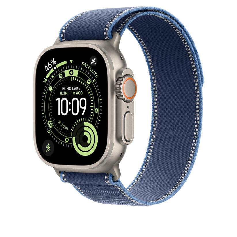 Řemínek pro Apple Watch 44/45/46/49 mm Apple modrý / jasně modrý Trailový tah - M/L - provedení z přírodního titanu - iSTYLE CZ