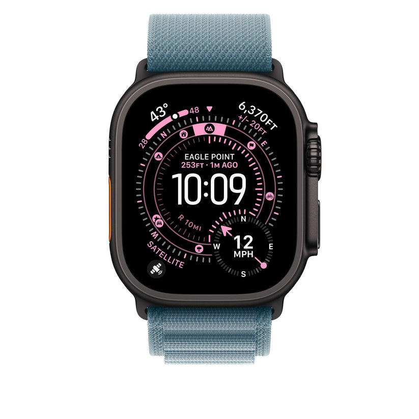 Řemínek pro Apple Watch 44/45/46/49 mm Apple světle modrý Alpský tah - velký - provedení z černého titanu - iSTYLE CZ