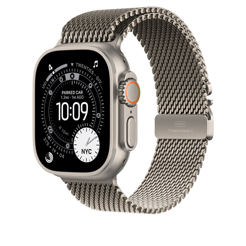 Řemínek pro Apple Watch 44/45/46/49 mm Apple milánský tah z přírodního titanu - malý - iSTYLE CZ