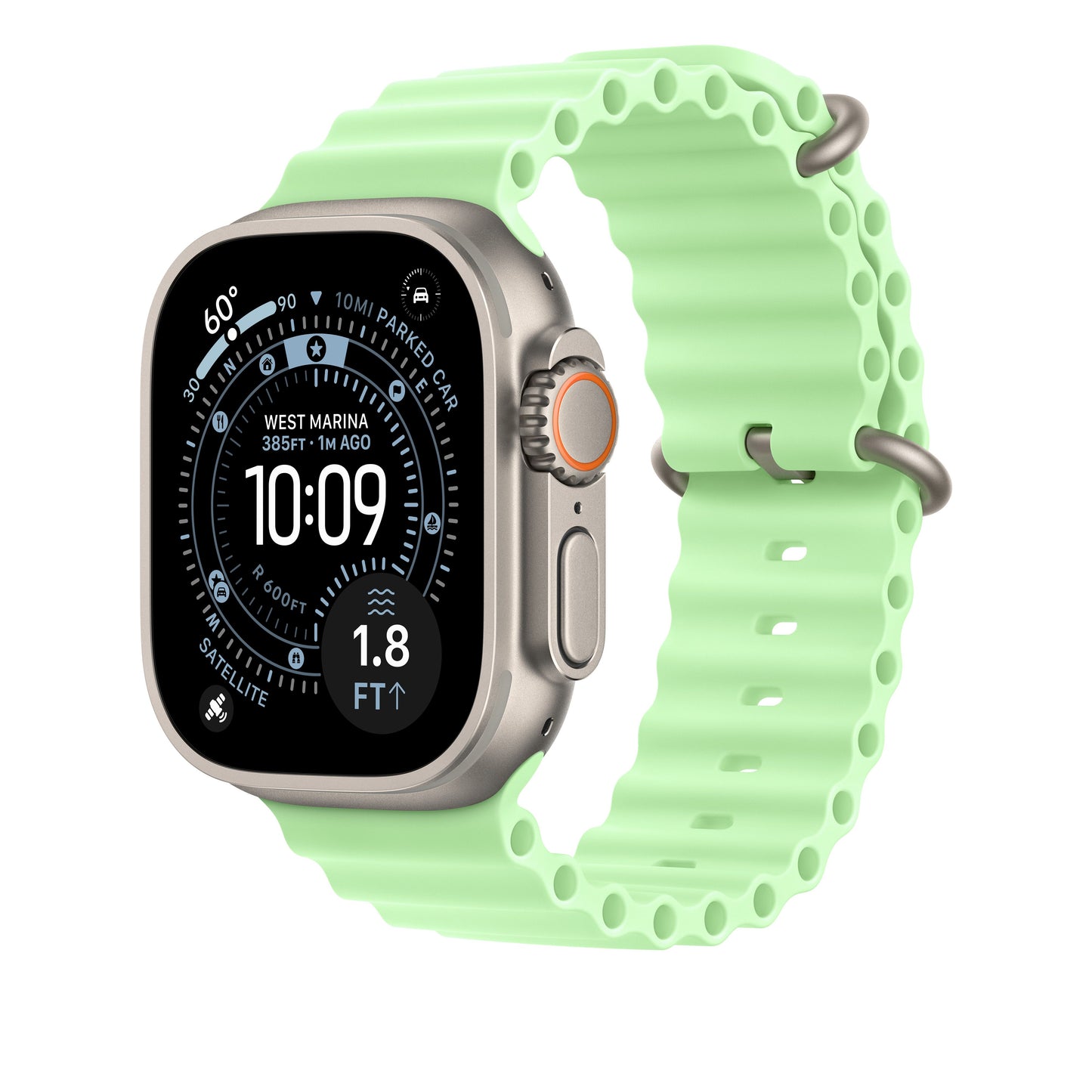 Prodloužení Oceánského řemínku pro Apple Watch 44/45/46/49 mm Apple neonově zelené prodloužení - provedení z přírodního titanu - iSTYLE CZ