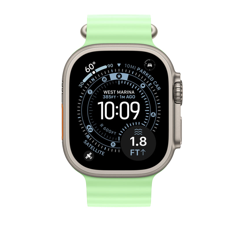 Prodloužení Oceánského řemínku pro Apple Watch 44/45/46/49 mm Apple neonově zelené prodloužení - provedení z přírodního titanu - iSTYLE CZ