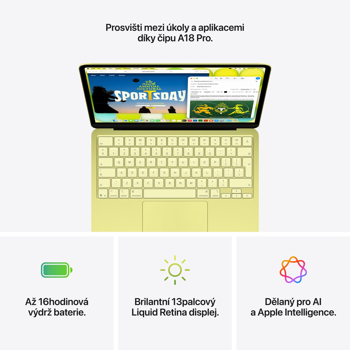 MacBook Neo 13", Apple A18 Pro čip, 6jádrové CPU, 5jádrové GPU, 8 GB, 256GB SSD – citrusově žlutý (otevřený) - iSTYLE.cz