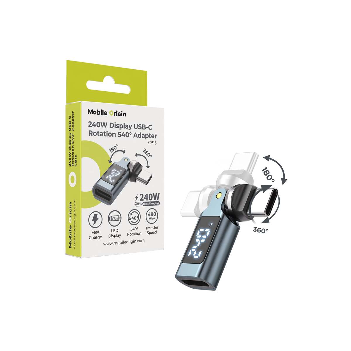 Otočný USB-C adaptér s displejem Mobile Origin CB15 240 W – šedý