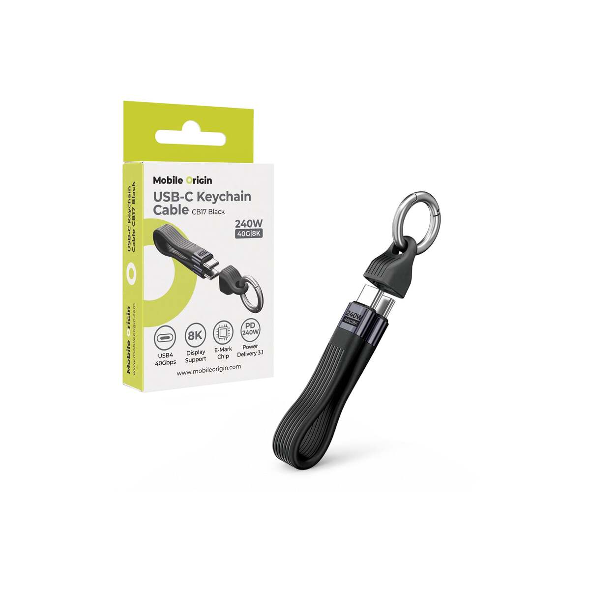 USB-C kabel s karabinou Mobile Origin CB17 240 W, 40 Gb/s, 8K – černý