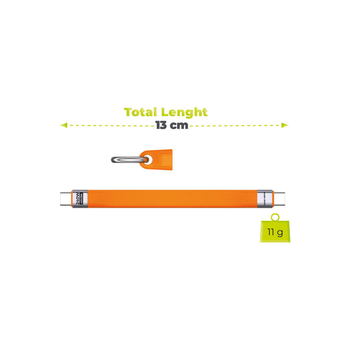 USB-C kabel s karabinou Mobile Origin CB17 240 W, 40 Gb/s, 8K – oranžový