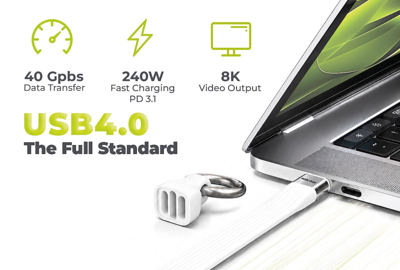 USB-C kabel s karabinou Mobile Origin CB17 240 W, 40 Gb/s, 8K – bílý