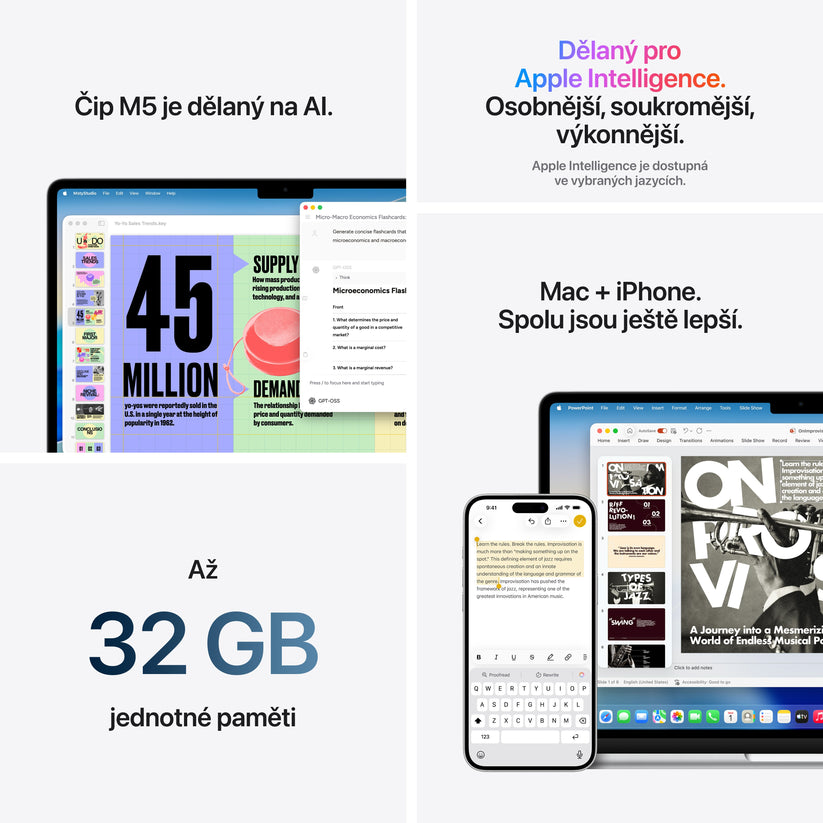 MacBook Air 15", Apple M5 čip, 10jádrové CPU, 10jádrové GPU, 32 GB, 2TB SSD, CZ - hvězdně bílá