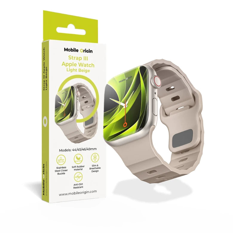 Řemínek pro Apple Watch 44/45/46/49 mm Mobile Origin FKM Strap s kovovým zapínáním - béžový - iSTYLE.cz