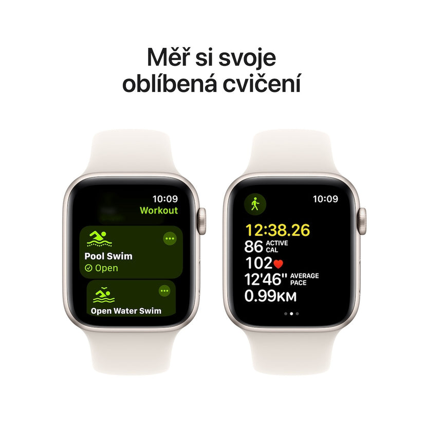Apple Watch SE GPS 40mm hvězdně bílé hliníkové pouzdro s hvězdně bílým sportovním řemínkem - S/M (otevřený)