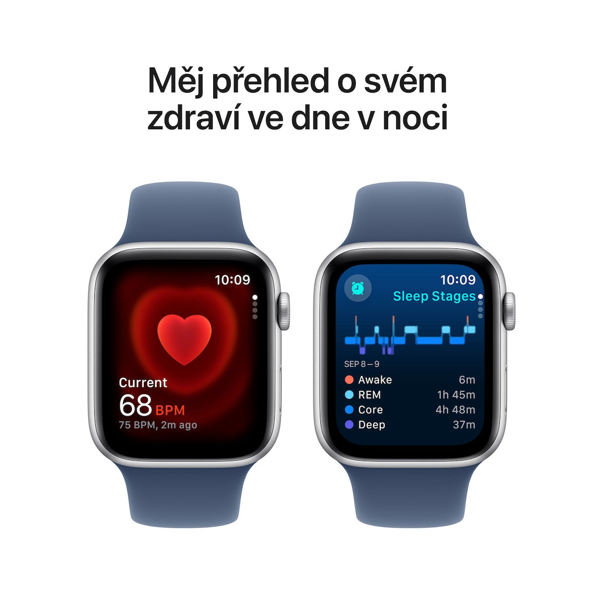 Apple Watch SE GPS 44mm stříbrné hliníkové pouzdro s denimovým sportovním řemínkem - S/M (otevřený) - iSTYLE CZ