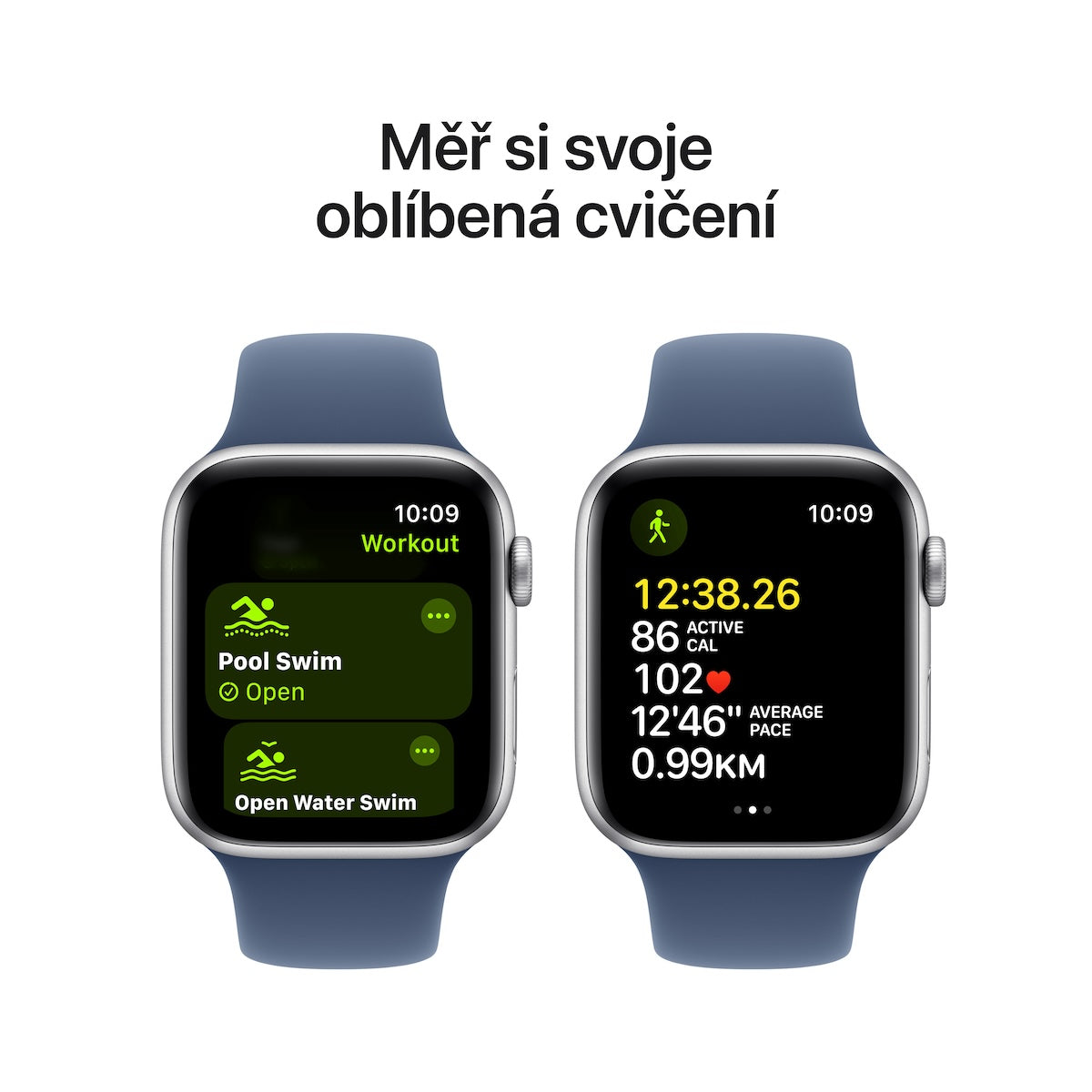 Apple Watch SE GPS 44mm stříbrné hliníkové pouzdro s denimovým sportovním řemínkem - S/M (otevřený) - iSTYLE CZ
