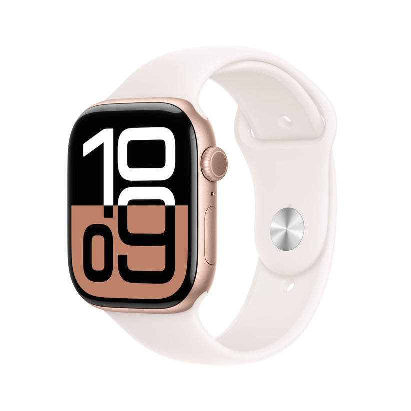 Apple Watch Series 10 GPS 42mm růžově zlaté hliníkové pouzdro se světle ruměným sportovním řemínkem - S/M (otevřený)