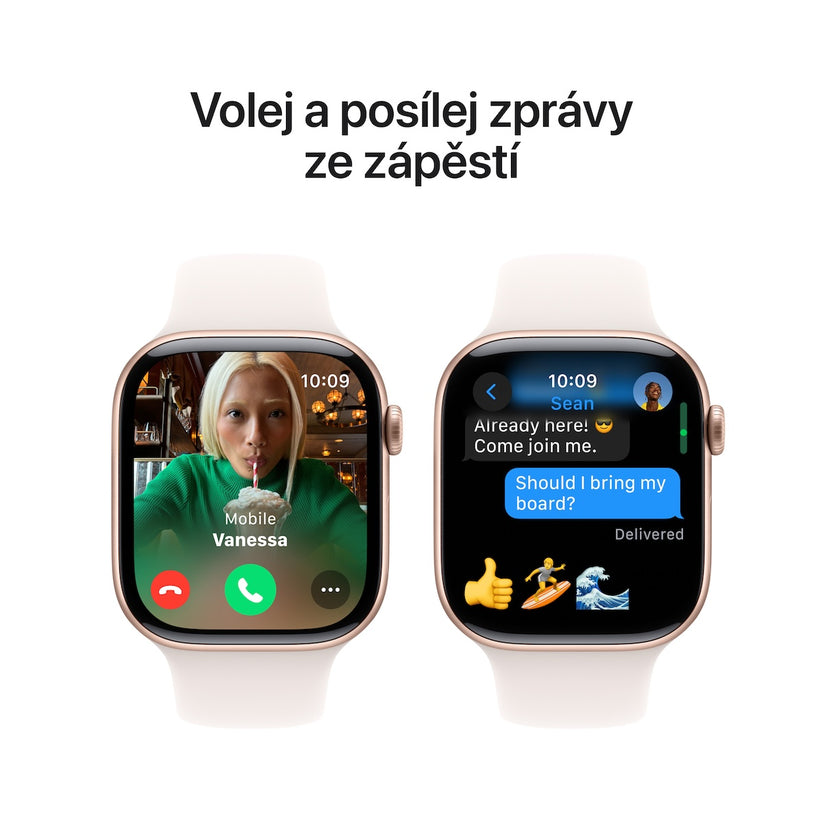 Apple Watch Series 10 GPS 42mm růžově zlaté hliníkové pouzdro se světle ruměným sportovním řemínkem - S/M (otevřený)