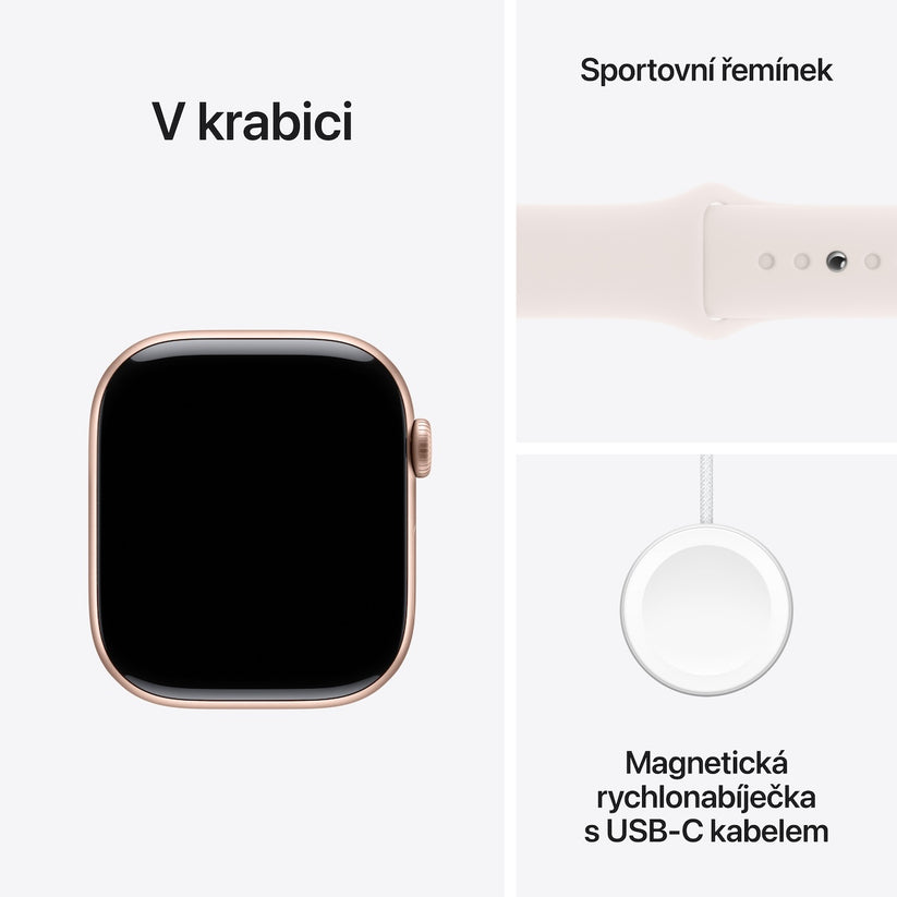 Apple Watch Series 10 GPS 42mm růžově zlaté hliníkové pouzdro se světle ruměným sportovním řemínkem - S/M (otevřený)