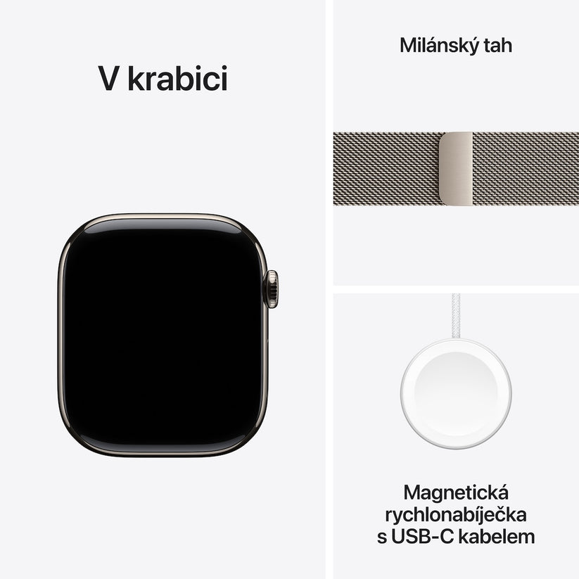 Apple Watch Series 10 GPS + Cellular 46mm přírodní titanové pouzdro s přírodním milánským tahem - S/M (otevřený)