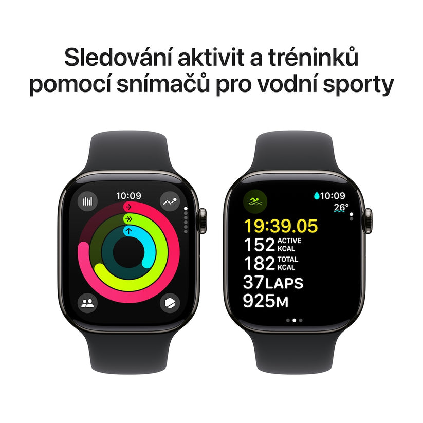 Apple Watch Series 10 GPS + Cellular 46mm břidlicově šedé titanové pouzdro s černým sportovním řemínkem - M/L (otevřený)
