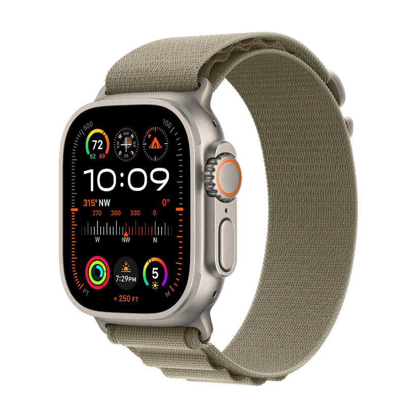 Apple Watch Ultra 2 GPS + Cellular, 49mm titanové pouzdro s olivovým alpským tahem - S (otevřený)