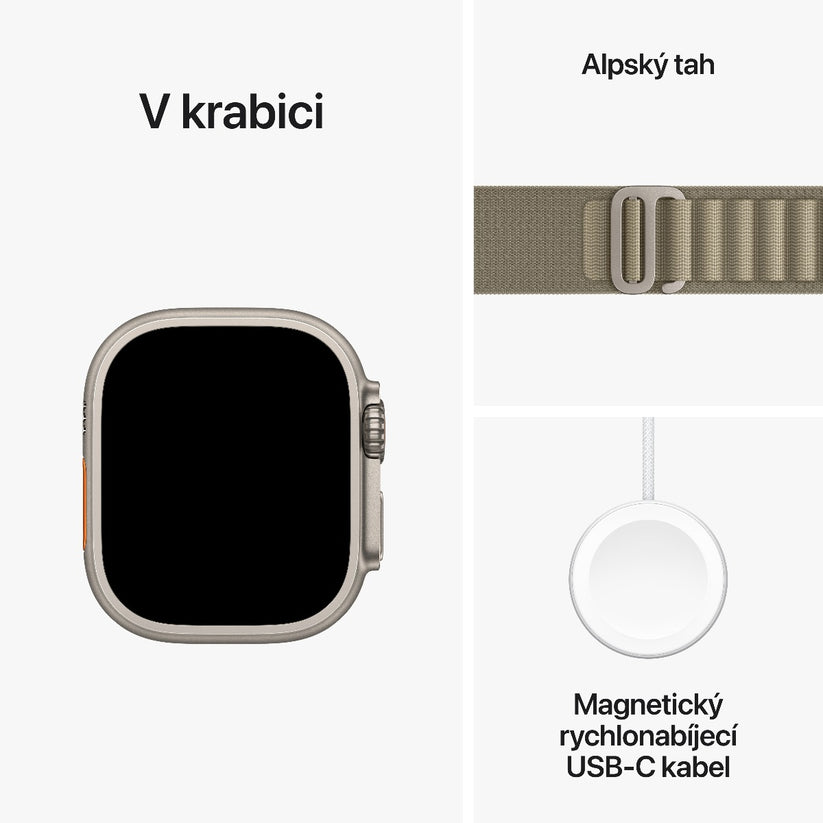 Apple Watch Ultra 2 GPS + Cellular, 49mm titanové pouzdro s olivovým alpským tahem - S (otevřený)