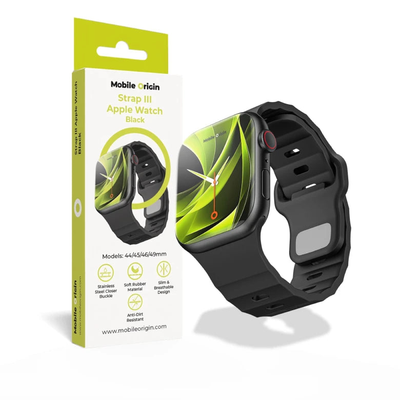 Řemínek pro Apple Watch 44/45/46/49 mm Mobile Origin FKM Strap s kovovým zapínáním - černý