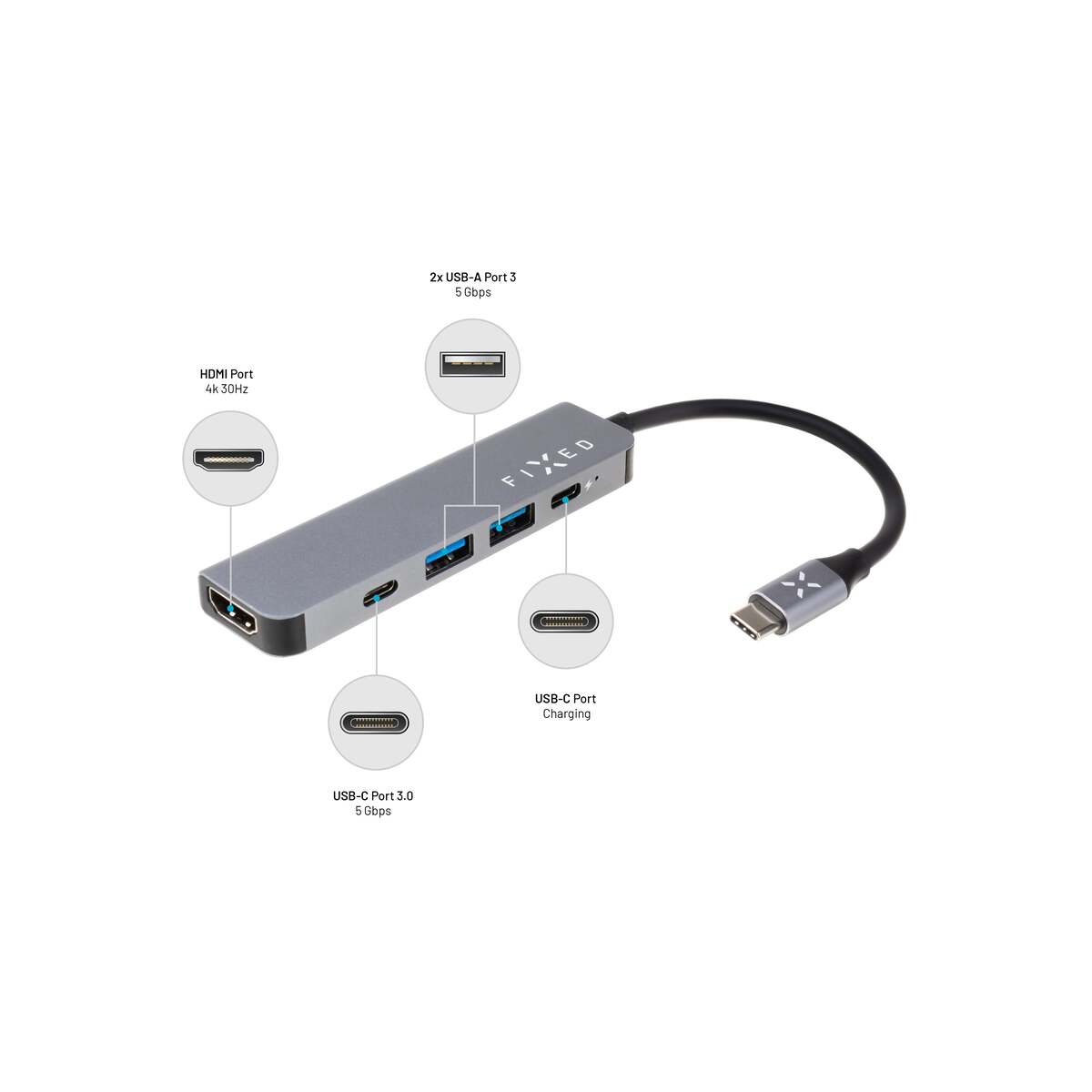 5portový hliníkový USB-C hub FIXED HUB Mini pro notebooky a tablety - šedý
