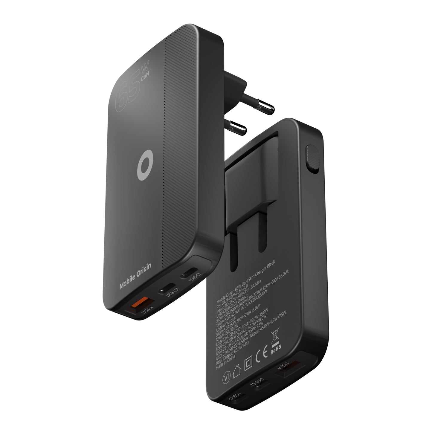 Mobile Origin 65W GaN III Slim Charger dual USB-C, Single USB-A black