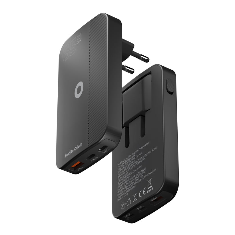 Mobile Origin 65W GaN III Slim Charger dual USB-C, Single USB-A black