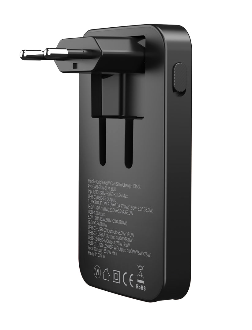 Mobile Origin 65W GaN III Slim Charger dual USB-C, Single USB-A black
