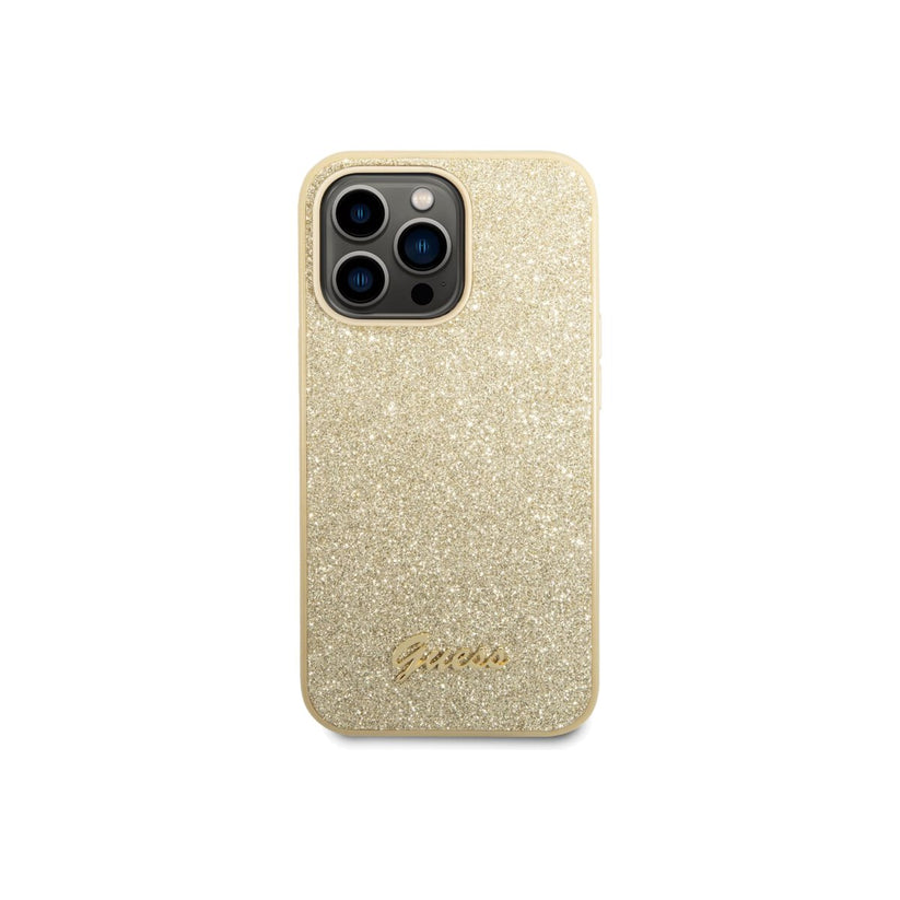 Kryt pro iPhone 14 Plus Guess Glitter Flakes Metal Logo - zlatý - iSTYLE CZ