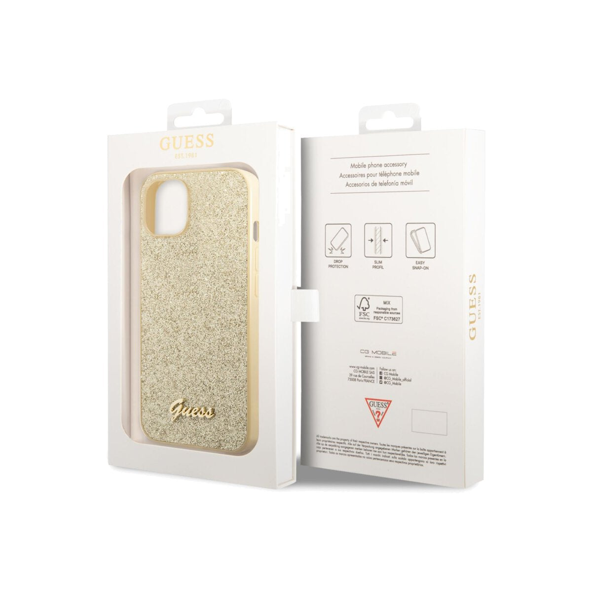 Kryt pro iPhone 14 Plus Guess Glitter Flakes Metal Logo - zlatý - iSTYLE CZ