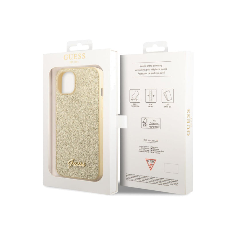 Kryt pro iPhone 14 Plus Guess Glitter Flakes Metal Logo - zlatý - iSTYLE CZ