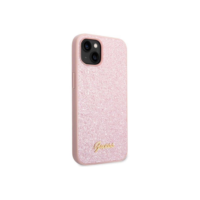 Kryt pro iPhone 14 Plus Guess Glitter Flakes Metal Logo - růžový - iSTYLE CZ