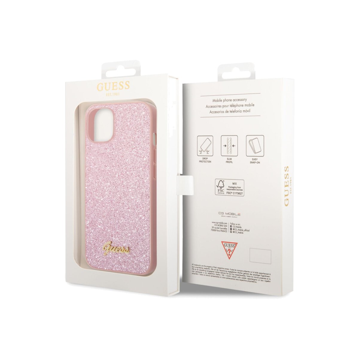 Kryt pro iPhone 14 Plus Guess Glitter Flakes Metal Logo - růžový - iSTYLE CZ