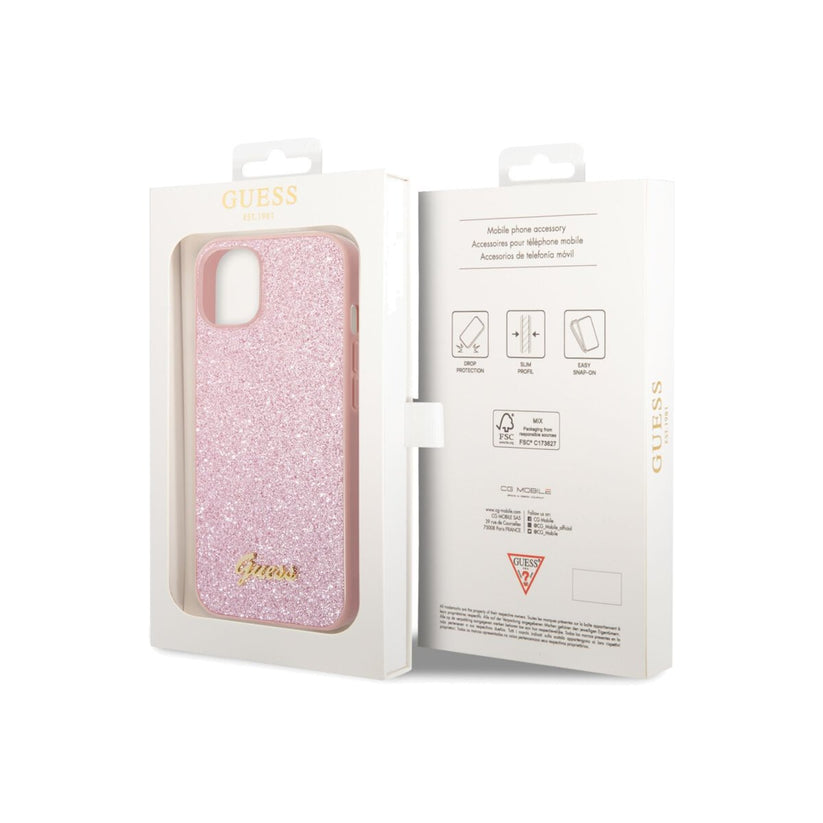 Kryt pro iPhone 14 Plus Guess Glitter Flakes Metal Logo - růžový - iSTYLE CZ