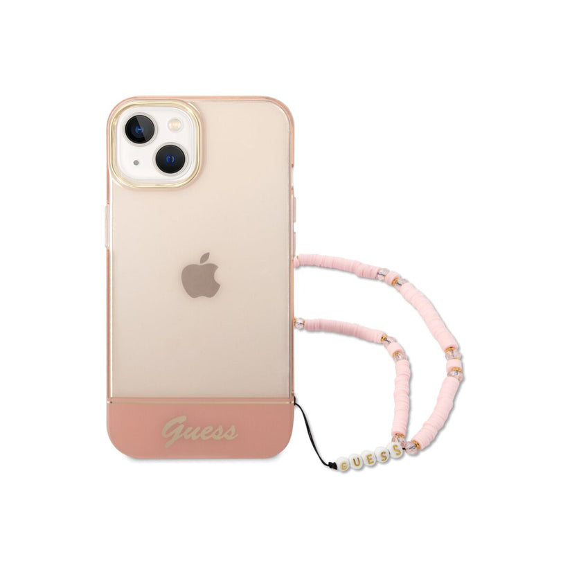 Kryt s poutkem pro iPhone 14 Plus Guess Camera Outline Translucent loop - růžový - iSTYLE CZ