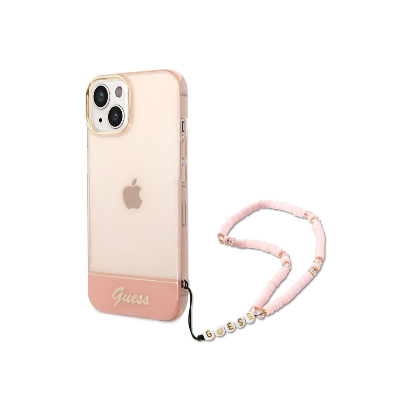 Kryt s poutkem pro iPhone 14 Plus Guess Camera Outline Translucent loop - růžový - iSTYLE CZ