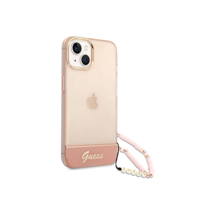 Kryt s poutkem pro iPhone 14 Plus Guess Camera Outline Translucent loop - růžový - iSTYLE CZ
