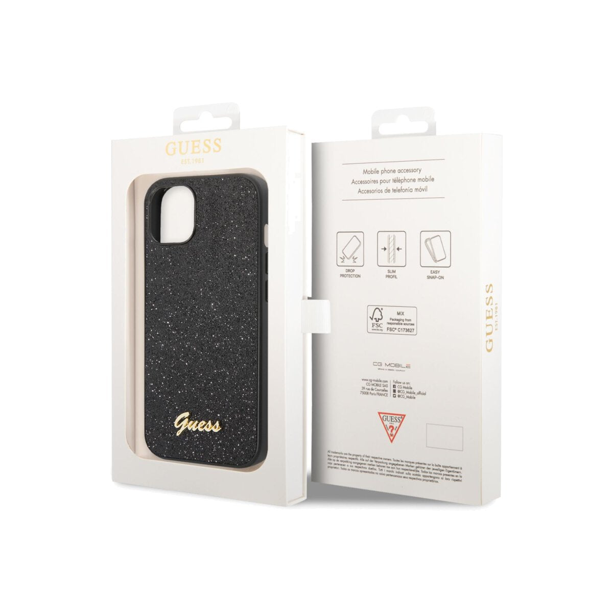 Kryt pro iPhone 14 Plus Guess Glitter Flakes Metal Logo - černý - iSTYLE CZ