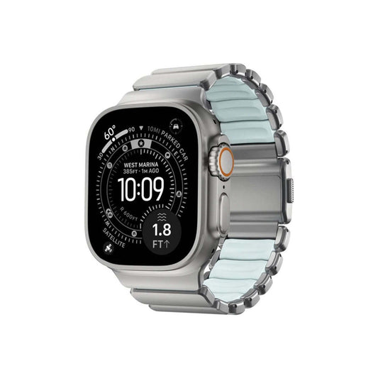 Řemínek pro Apple Watch 45/46/49 mm Nomad Stratos Natural Titanium FKM - Icy Blue Glow