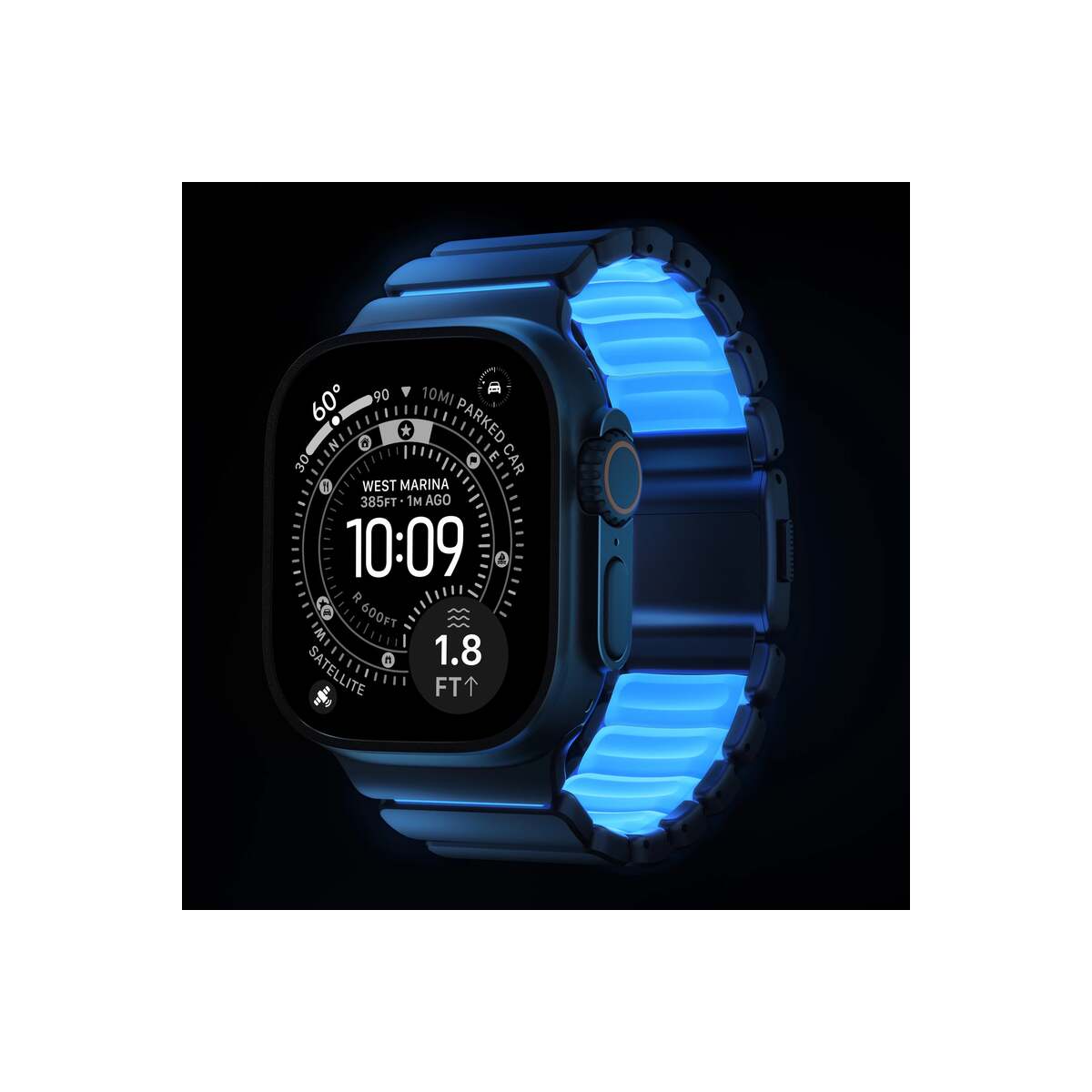 Řemínek pro Apple Watch 45/46/49 mm Nomad Stratos Natural Titanium FKM - Icy Blue Glow