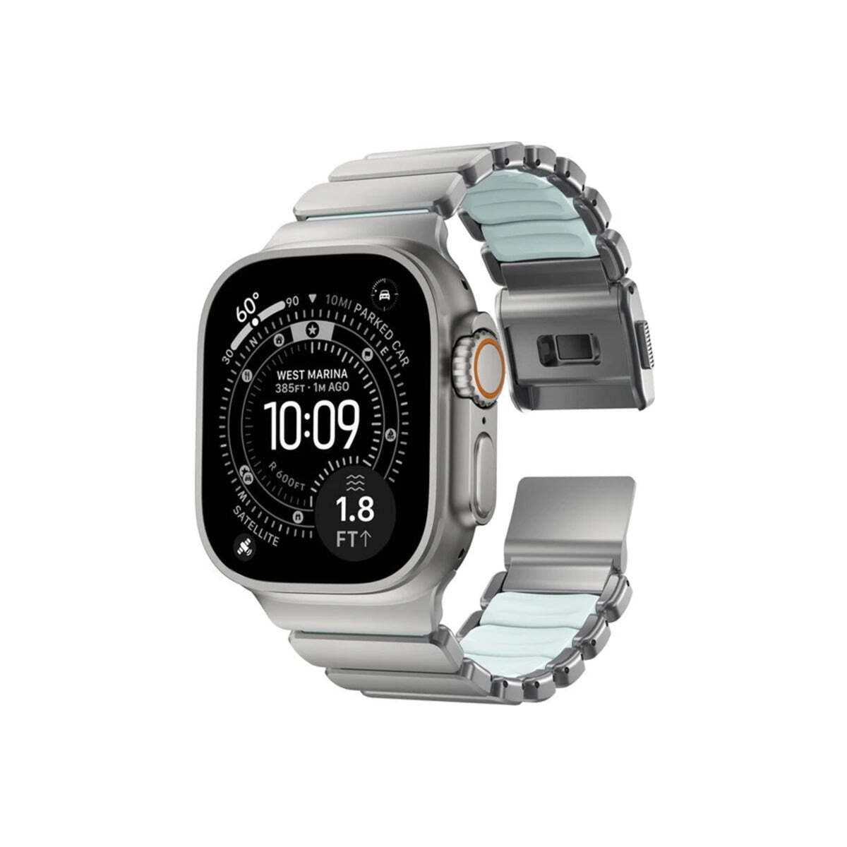 Řemínek pro Apple Watch 45/46/49 mm Nomad Stratos Natural Titanium FKM - Icy Blue Glow