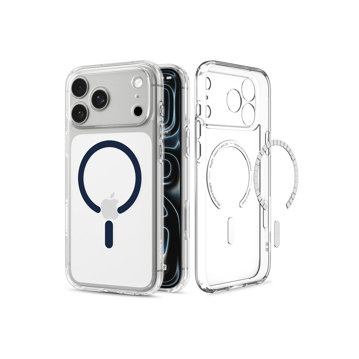 MagSafe kryt pro iPhone 18 Pro Max/17 Pro Max Spigen Ultra Hybrid MagSafe - průhledná s tmavě modrým akcentem