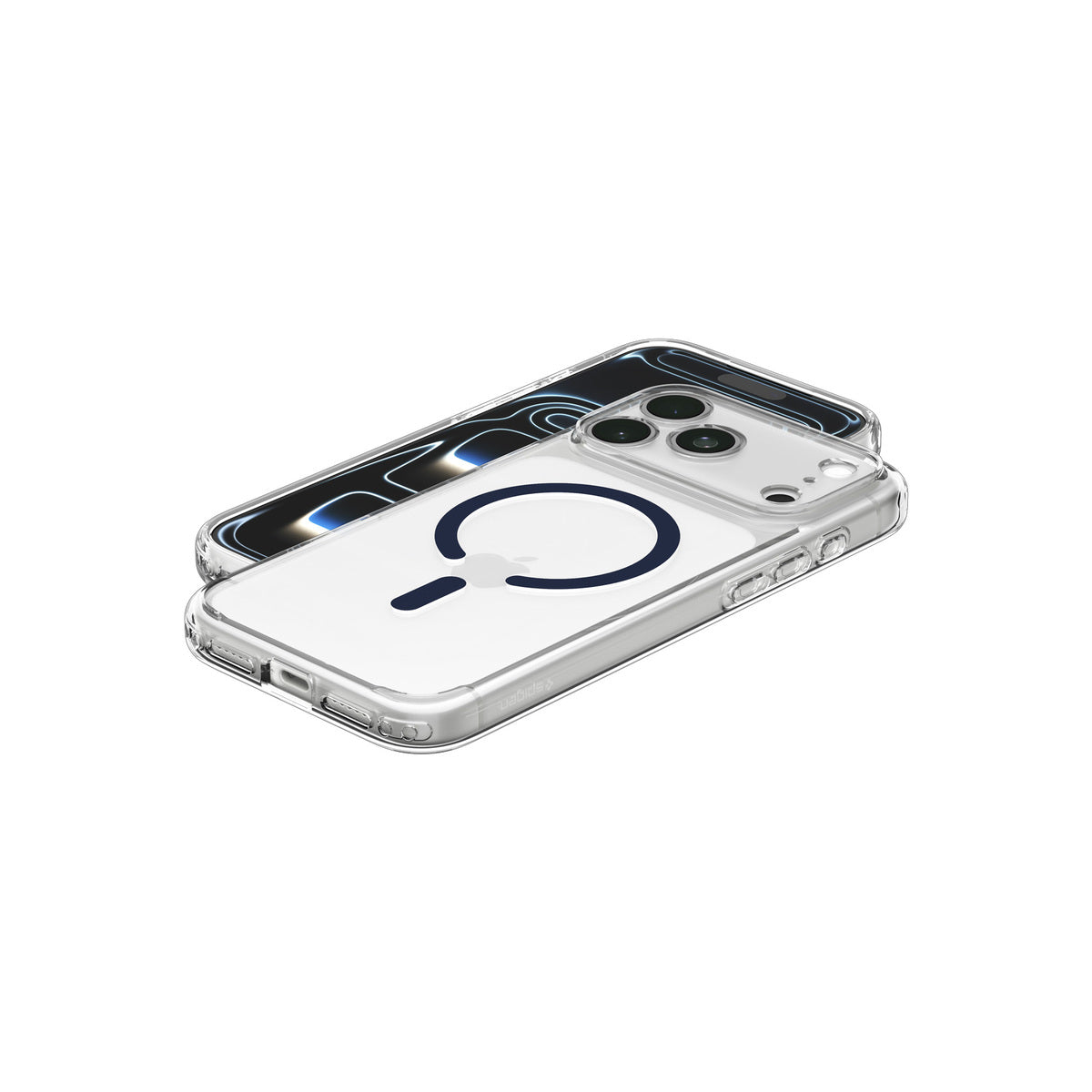 MagSafe kryt pro iPhone 18 Pro Max/17 Pro Max Spigen Ultra Hybrid MagSafe - průhledná s tmavě modrým akcentem