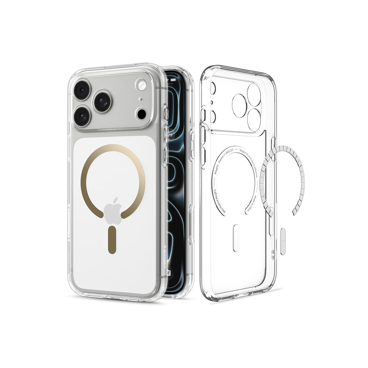 MagSafe kryt pro iPhone 18 Pro/17 Pro Spigen Ultra Hybrid MagSafe - průhledná se zlatým akcentem
