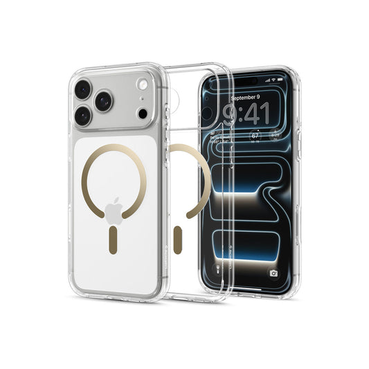 MagSafe kryt pro iPhone 18 Pro/17 Pro Spigen Ultra Hybrid MagSafe - průhledná se zlatým akcentem