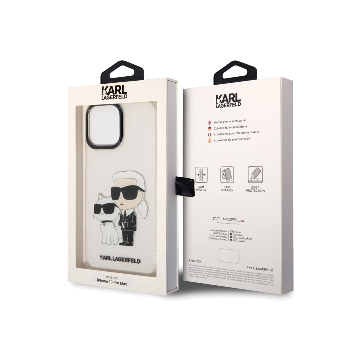 Kryt pro iPhone 13 Pro Max Karl Lagerfeld IML Glitter Karl and Choupette NFT - průhledný